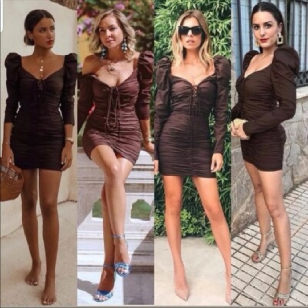 Instagram ZARA Chocolate Brown Ruching Mini Dress M Puff Sleeves Cotton Bodycon